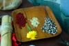 next photo: Calendula and kidney beans (home grown), purple corn, and sweet bell peppers (collected from organic produce)